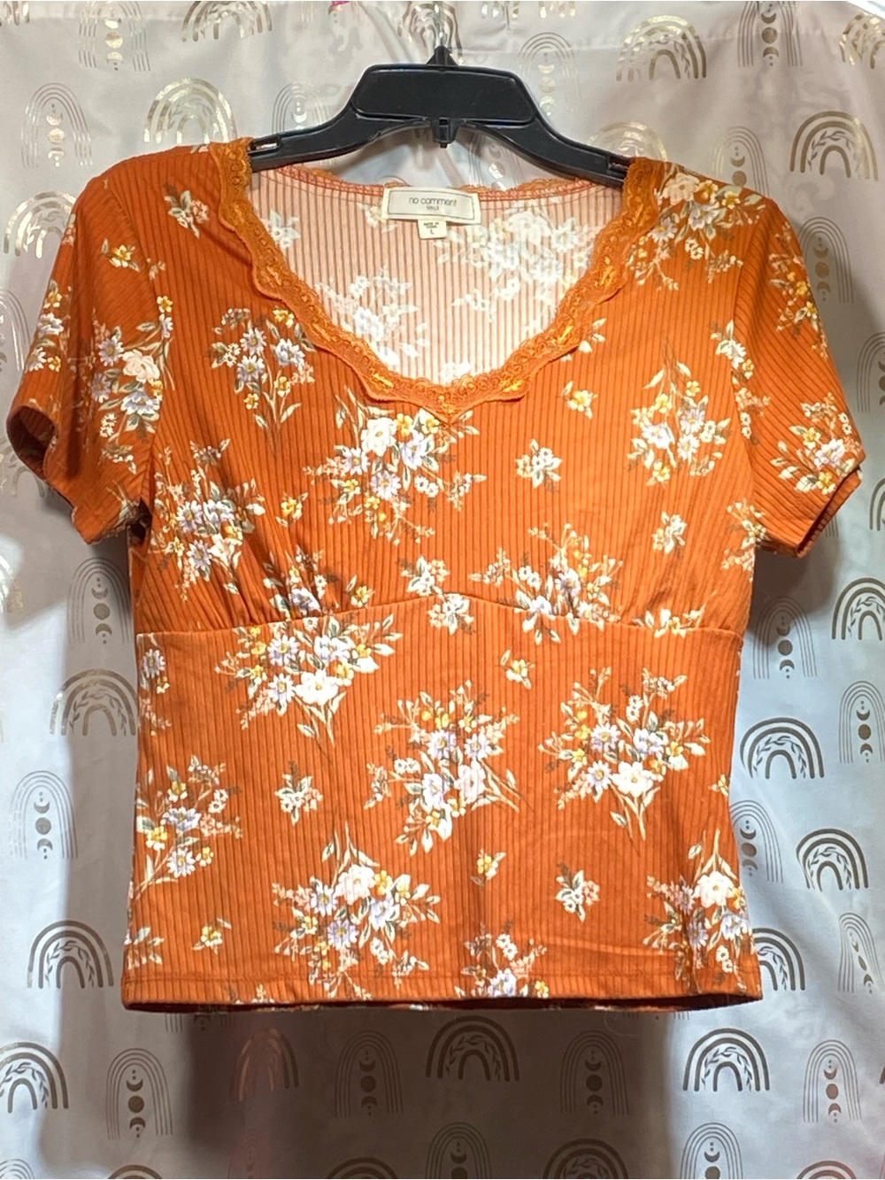 No Boundaries Orange Floral Lace V-Neck Crop Top